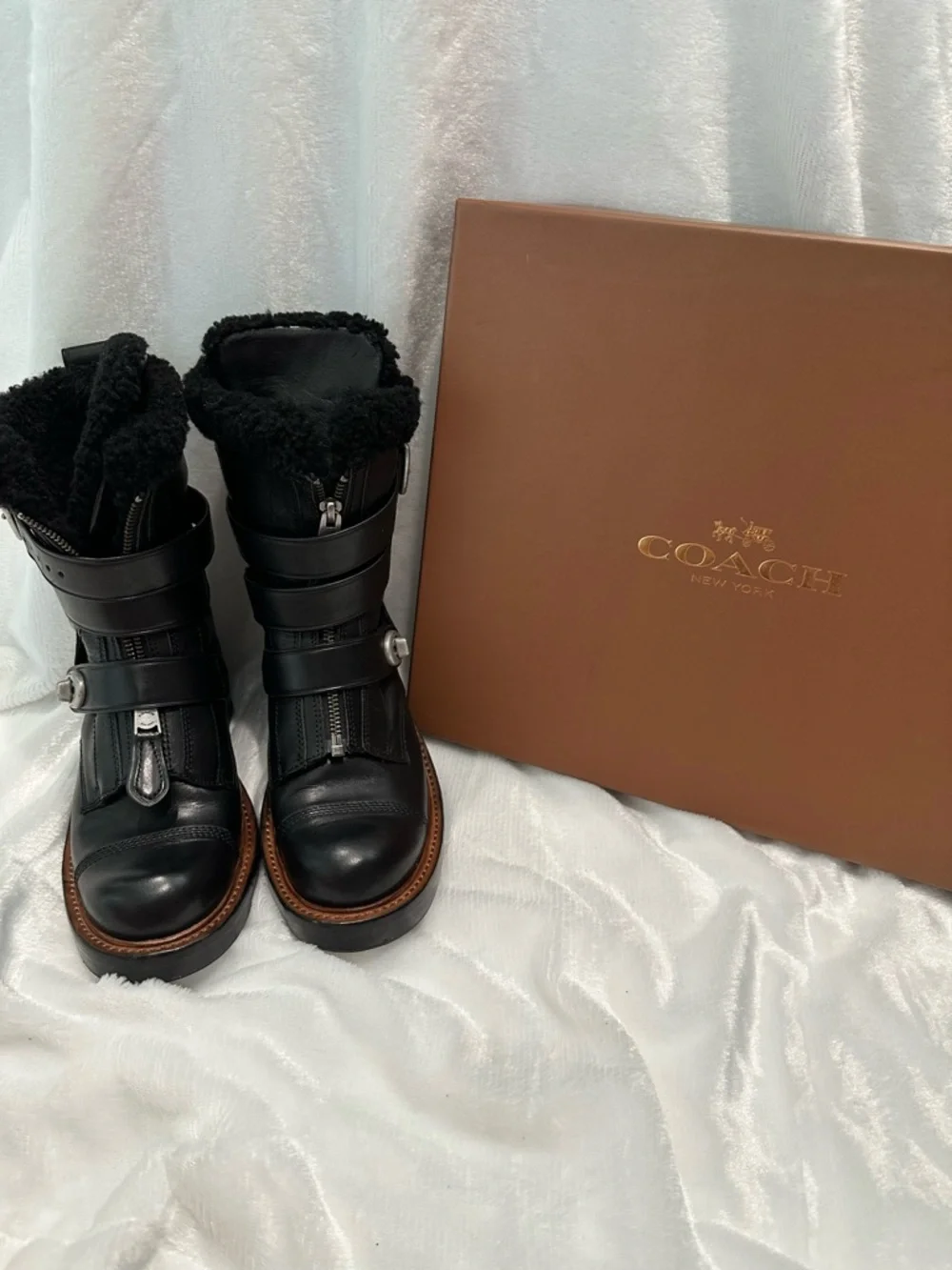 Coach Black Leather Shearling-Trim Buckle Moto Boot - Picture 2 of 6